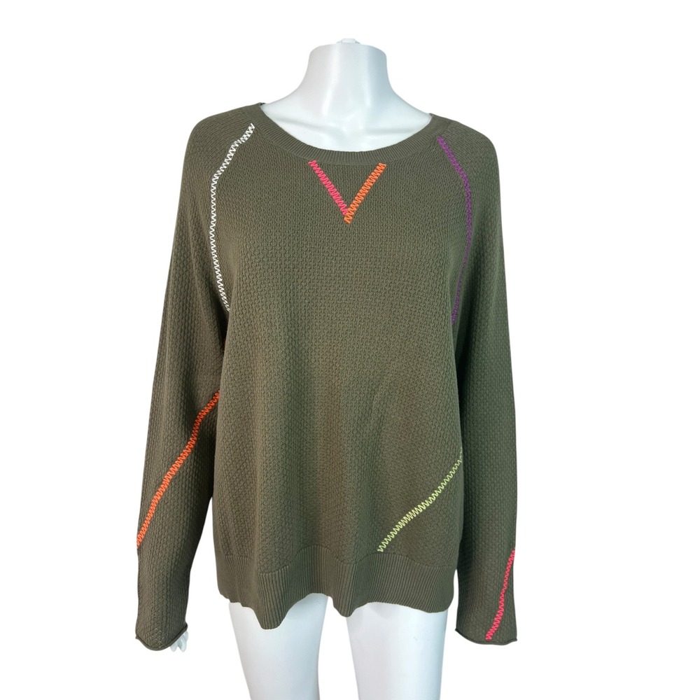 Lisa Todd Womens Top Olive Waffle Knit Sweater Contrast Stitch Artsy Size M